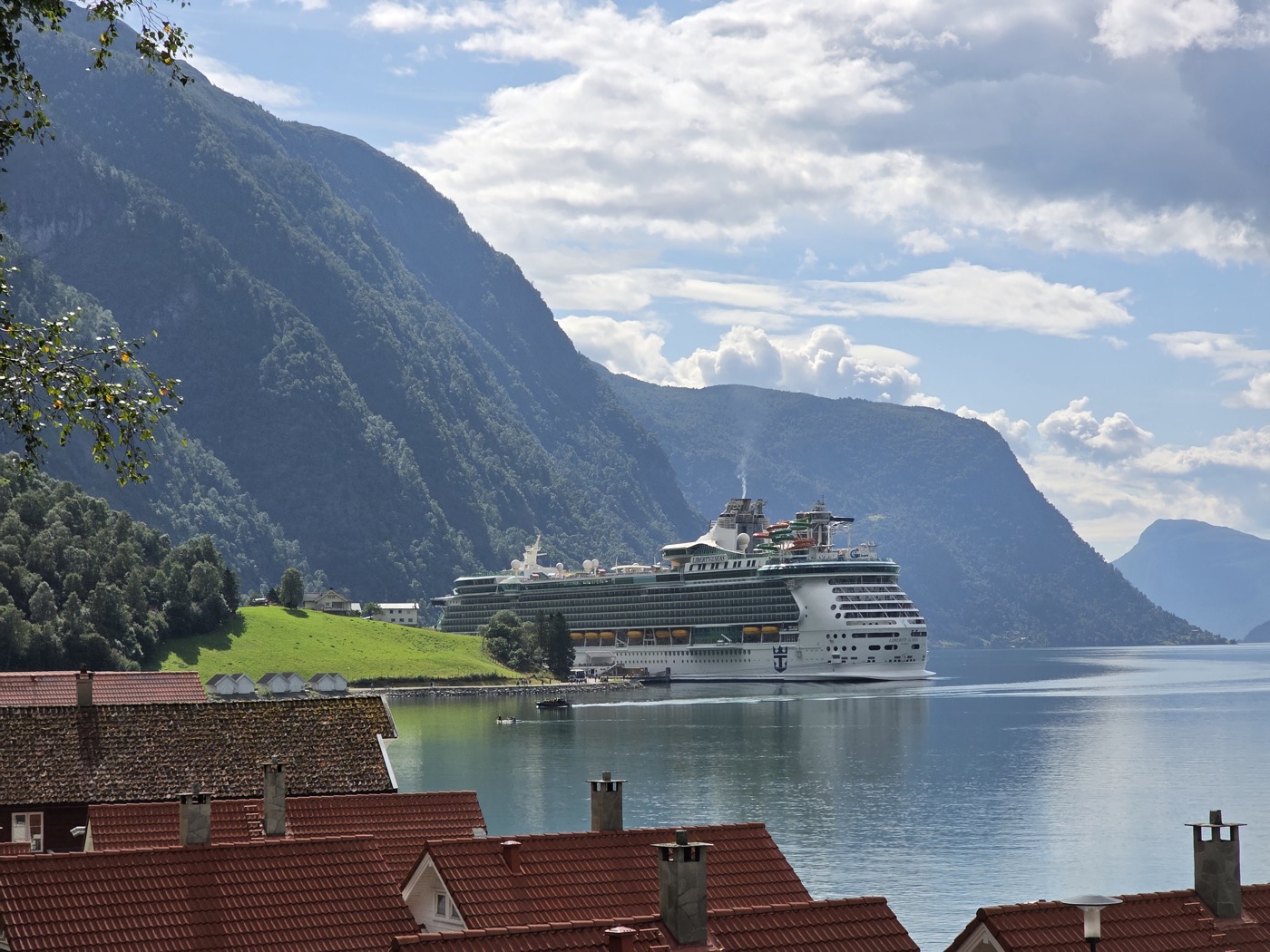 A cruise ship alongside beneath steep green fjord walls in full sunshine, seen over the red-tiled rooftops of the village, with a mown lawn running down to the water