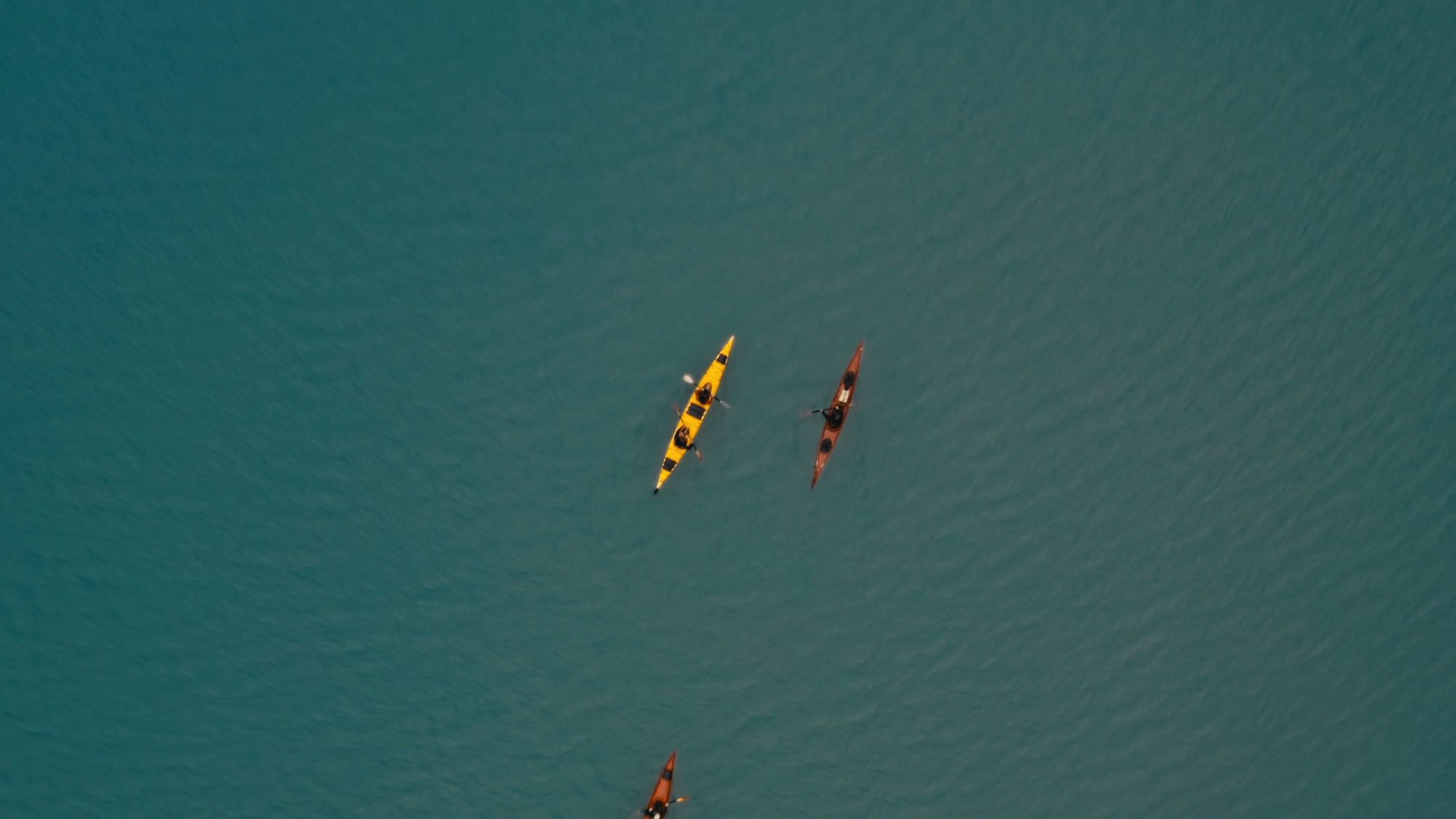 Three sea kayaks seen from directly above on still teal water, a yellow double and two red singles