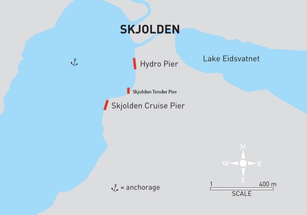 Schematic map of Skjolden showing the Cruise Pier and Tender Pier along the western shore, the disused hydro quay at the head of the fjord, the anchorage marked in the fjord and Lake Eidsvatnet behind the village