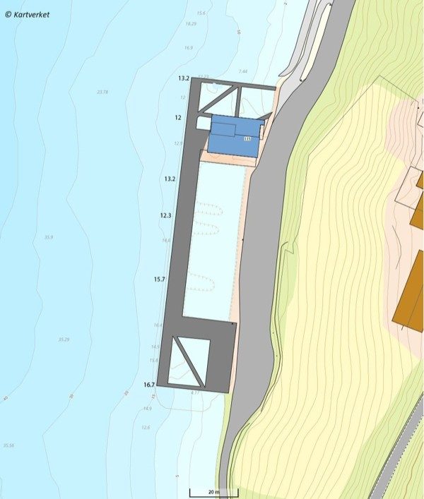 Survey plan of the cruise pier showing the quay structure, the service buildings at each end and the charted depths along the quay face, reading 13.2, 12, 13.2, 12.3, 15.7 and 16.7 metres from the northern end to the southern
